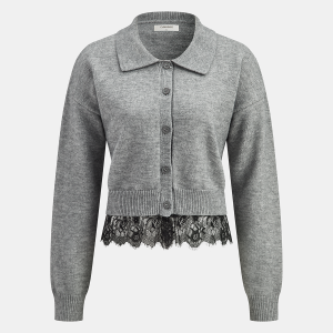 Lace Hem Collared Knit Cardigan