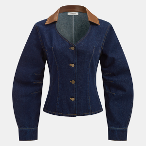 Curved Sleeve Contrast Collar Denim Jacket