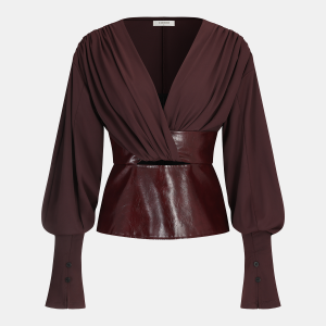 Faux Leather Panel Lantern Sleeve Blouse