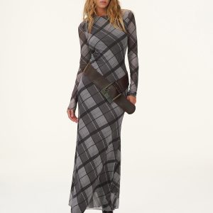 Plaid Mesh Long Sleeve Maxi Dress without Belt