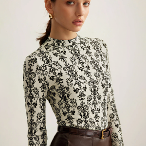 Damask Print Mock Neck T-Shirt