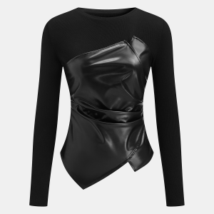 Faux Leather Panel Asymmetric Knit Top