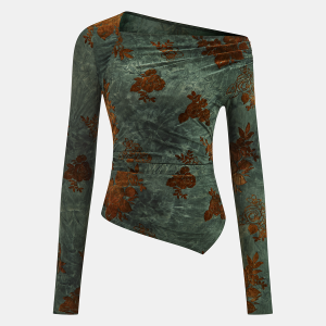 Floral Asymmetric Ruffle Long Sleeve Top