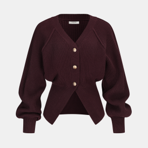Metal Button Cinched Waist Knit Cardigan