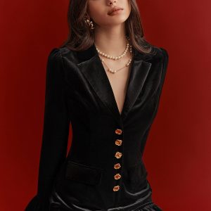 Metal Button Ruffled Hem Velvet Blazer Dress