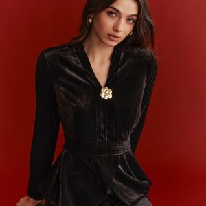 Velvet Peplum Top and Midi Skirt Set