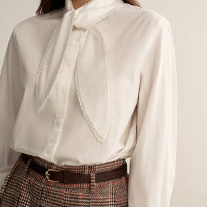 Lace-Trim Tie Neck Cotton Blouse