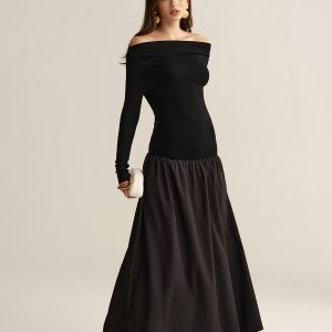 Off-Shoulder Long-Sleeve Maxi Dress