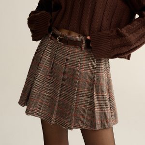 Belted Plaid Tweed Mini Skirt