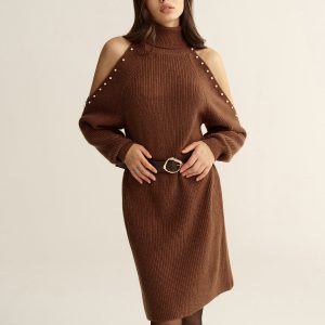Belted Cold-Shoulder Turtleneck Knit Dress
