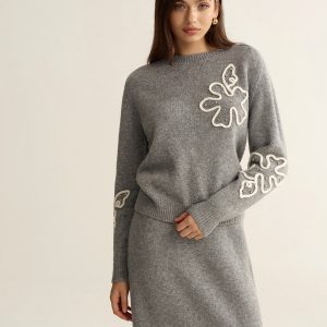 Floral Applique Sweater and Midi Skirt Set