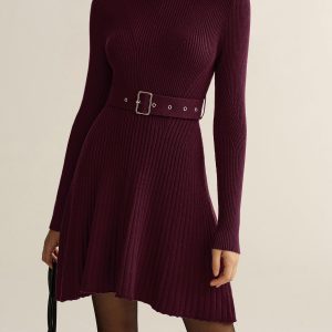 Belted Turtleneck Ribbed Knit Mini Dress