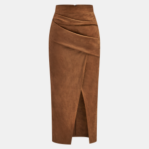Draped Slit Suede Effect Midi Skirt