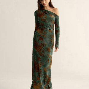 Floral Jacquard One-Shoulder Maxi Dress