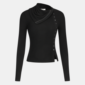 Side Button Asymmetric Lapel Ribbed Knit Top