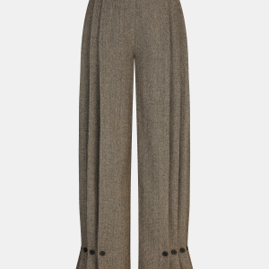 Herringbone Tweed Pleated Straight-Leg Pants
