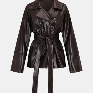 Belted Faux Leather Trench Coat
