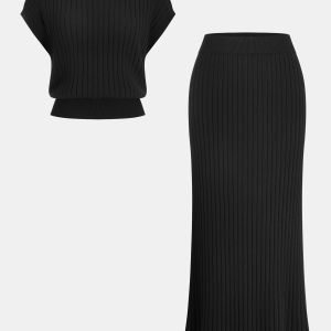 Knit Cap Sleeve Top and Midi Skirt Set
