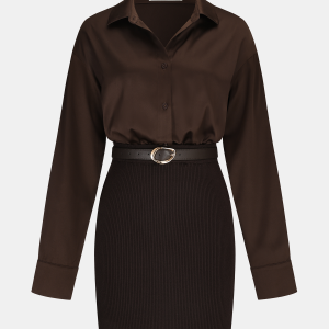Ribbed Knit Panel Belted Shirt Dress