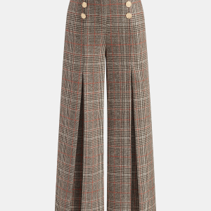 Metal Detail Slit Plaid Wide-Leg Pants
