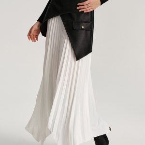 Belted Asymmetric Faux Leather Panel Pleated Maxi Skirt