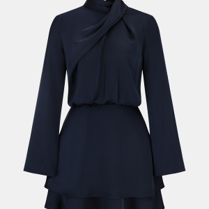Long Sleeve Cross Neck Satin Tiered Mini Dress