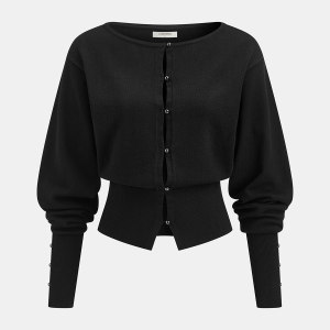 Wool Blend Buttoned Balloon Sleeve Cardigan