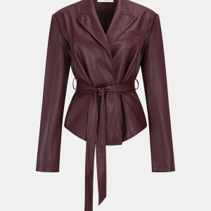 Lapel Faux Leather Belted Jacket