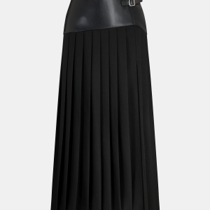 Buckle Detail Faux Leather Panel Pleated Midi Skirt