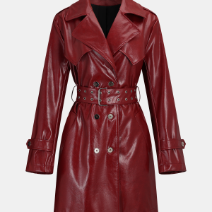 Belted Faux Leather Long Trench Coat