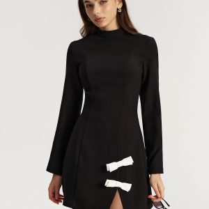 Contrast Bow Slit Mock Neck Mini Dress