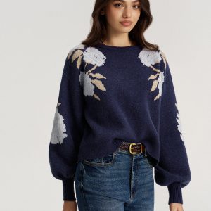 Floral Jacquard Balloon Sleeve Knit Top