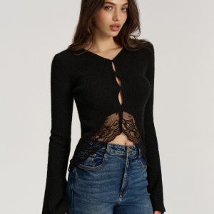 Lace Hem Ribbed Knit Top