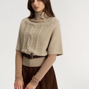 Turtleneck Cable Knit Short Sleeve Sweater without Belt