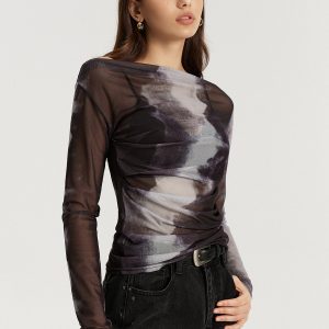 Mesh Tie-Dye Off-Shoulder Long Sleeve T-Shirt