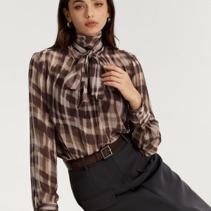 Tie Neck Plaid Semi-Sheer Chiffon Blouse