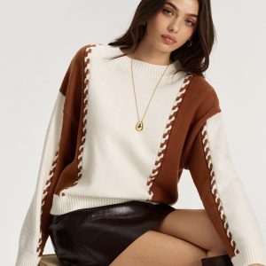 Braided Trim Two-Tone Sweater