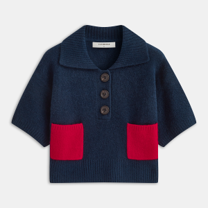 Contrast Pocket Polo-Collar Short-Sleeve Sweater