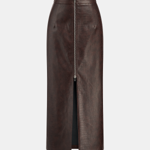 Crocodile Embossed Zipper Split Midi Skirt