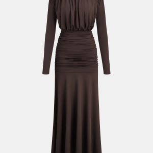 Long-Sleeve Ruched Waist Mermaid Maxi Dress