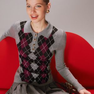 Argyle Wool-Blend Polo Knit Top