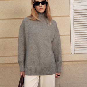 Wool Blend Turtleneck Side Slit Sweater