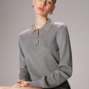 Studded Collar Wool-Blend Knit Polo Sweater