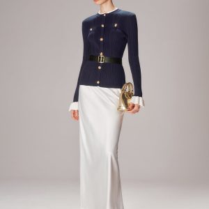 Belted Metal Button Ribbed Knit Top