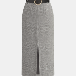 Belted Herringbone Slit Midi Skirt