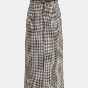 Houndstooth Tweed Belted Midi Skirt