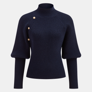 Metal Detail Mock Neck Puff Sleeve Sweater
