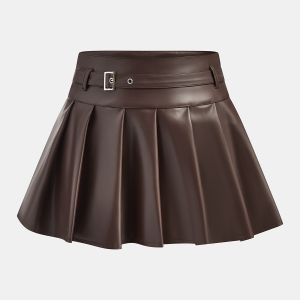 Belt-Decor Faux Leather Pleated Mini Skirt
