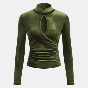 Velvet High Neck Cut-Out Ruched Blouse