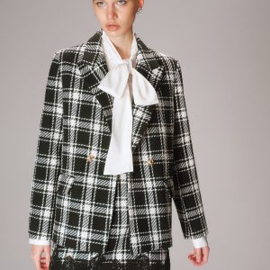 Metal Button Plaid Tweed Blazer